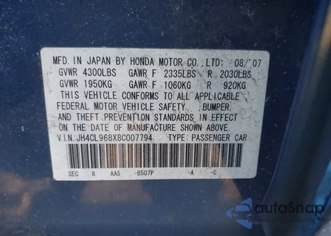 2008 Acura Tsx из США, поврежденный, VIN JH4CL968X8C007794